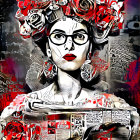 Woman in bold lipstick and glasses with newspaper clothing and floral headdress.