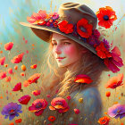 Colorful Woman in Floral Hat Surrounded by Red Poppies