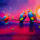 Vibrant sunset scene with colorful parrots on branch and swirling elements