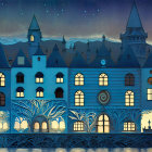 Fantastical blue castle illustration with glowing windows at night