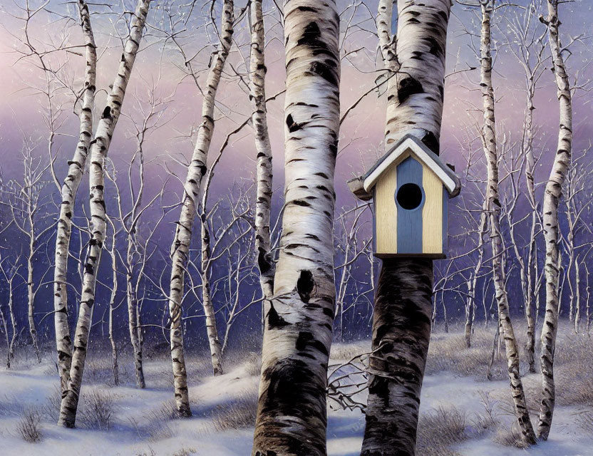 Tranquil winter birdhouse in snowy forest landscape