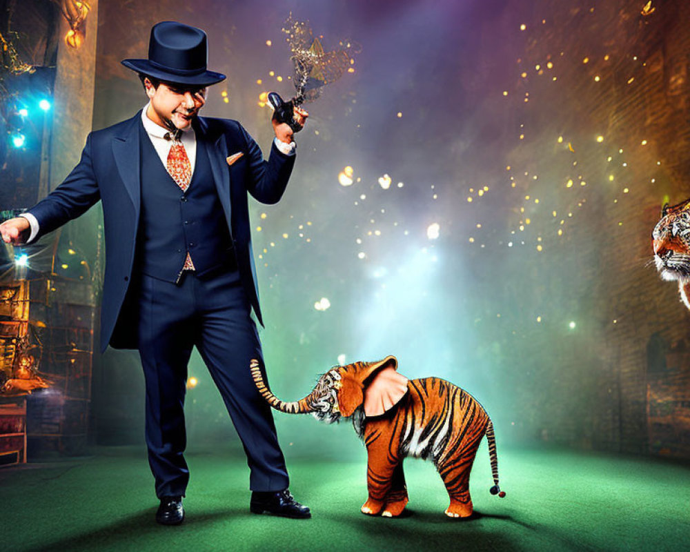 Magician in stylish suit with miniature elephant and tiger in vintage circus setting