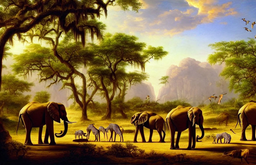 Wildlife scene: Elephants, zebras, giraffes in lush forest with cliffs
