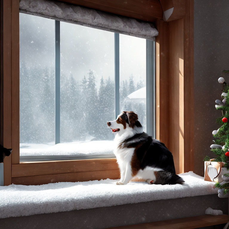 Dog on snowy windowsill gazing at winter landscape by Christmas tree