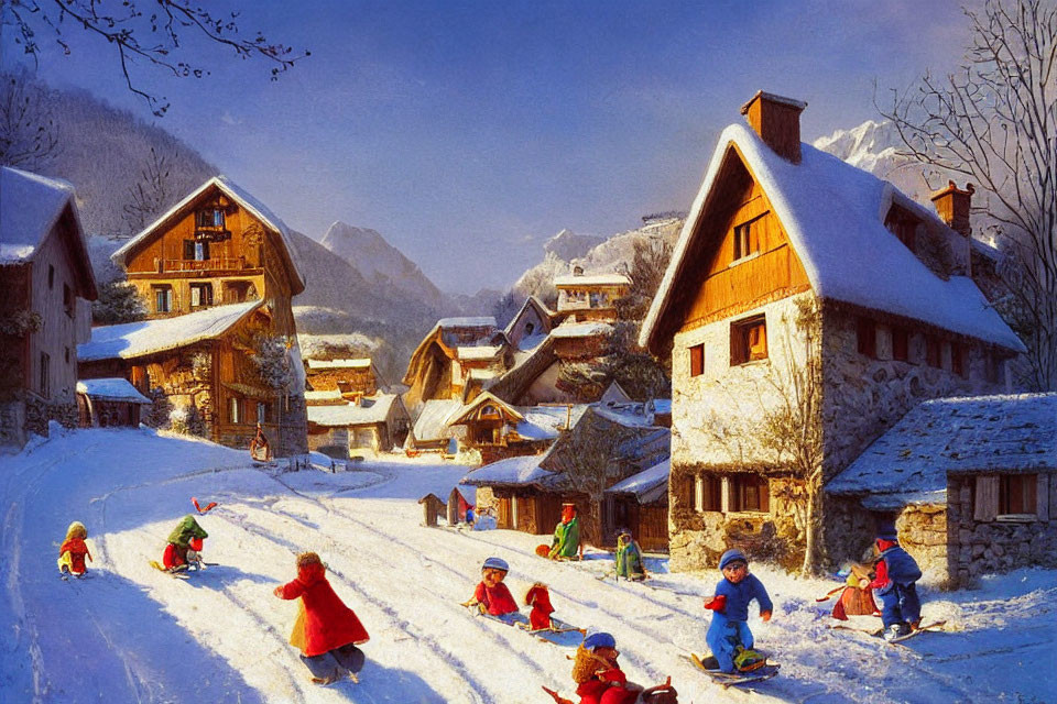 Snowy Hill with Children Sledding, Charming Houses, and Mountains