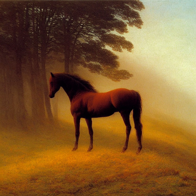 Brown horse in misty forest clearing with diffused sunlight.