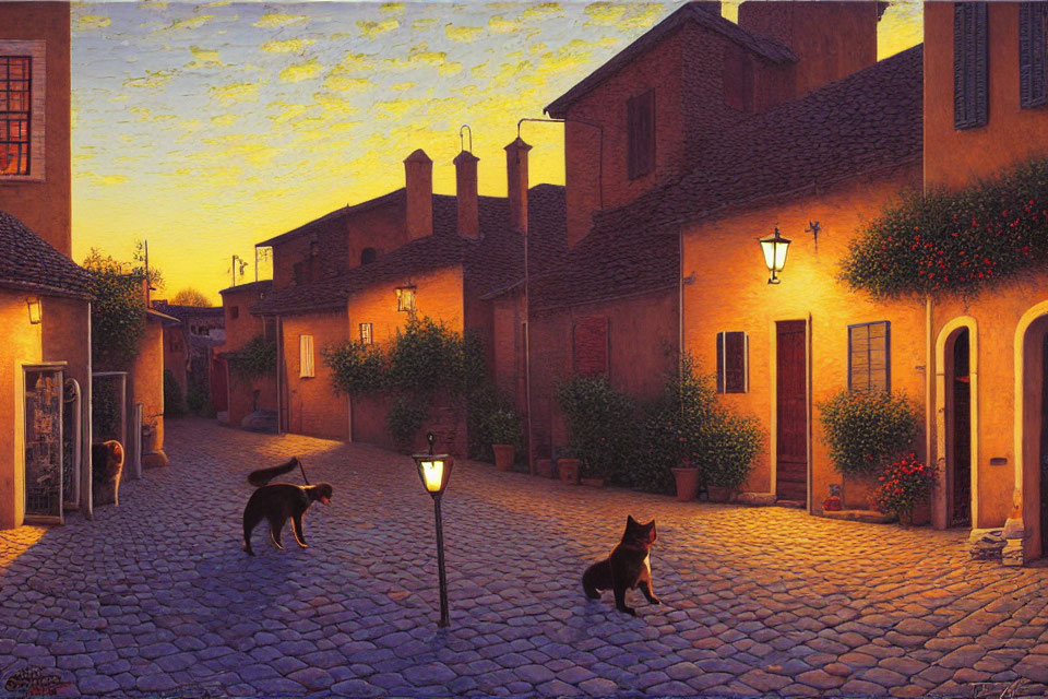 Tranquil dusk scene: cobblestone street, glowing lamps, cats crossing, rustic houses.