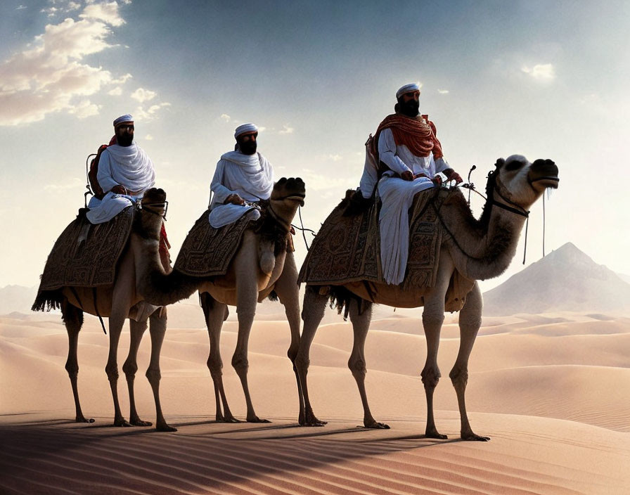 Three people on camels in traditional attire with desert dunes and pyramid.