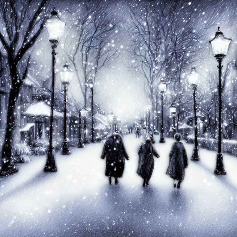 Snowy path with three people walking under lamp light