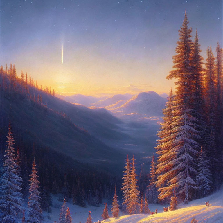Snow-covered trees, mountain backdrop, vibrant sunset, bright comet in winter scene