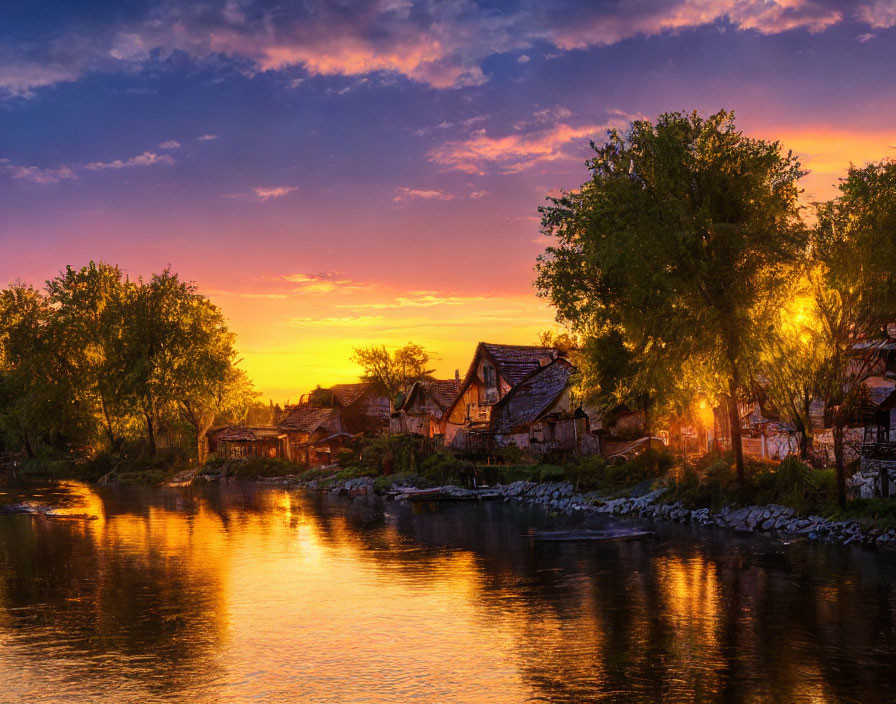 Tranquil river at sunset with reflections, lush trees, quaint houses, colorful sky