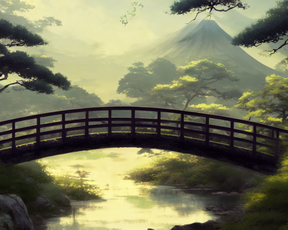 Tranquil landscape with wooden bridge over river