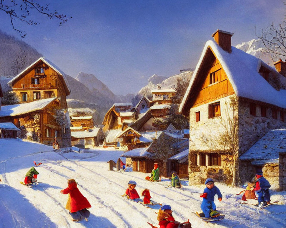 Snowy Hill with Children Sledding, Charming Houses, and Mountains