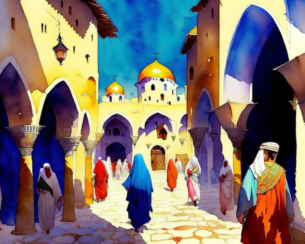 Vibrant watercolor painting: Middle Eastern bazaar scene with traditional attire and golden domes