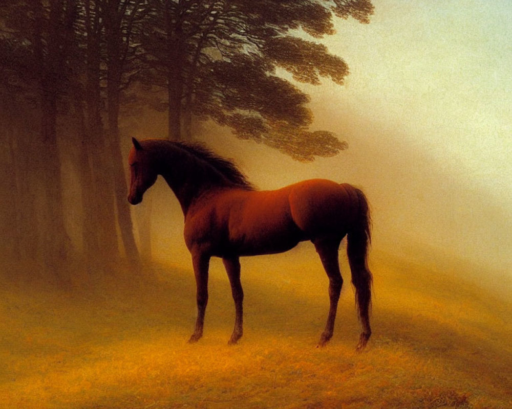 Brown horse in misty forest clearing with diffused sunlight.