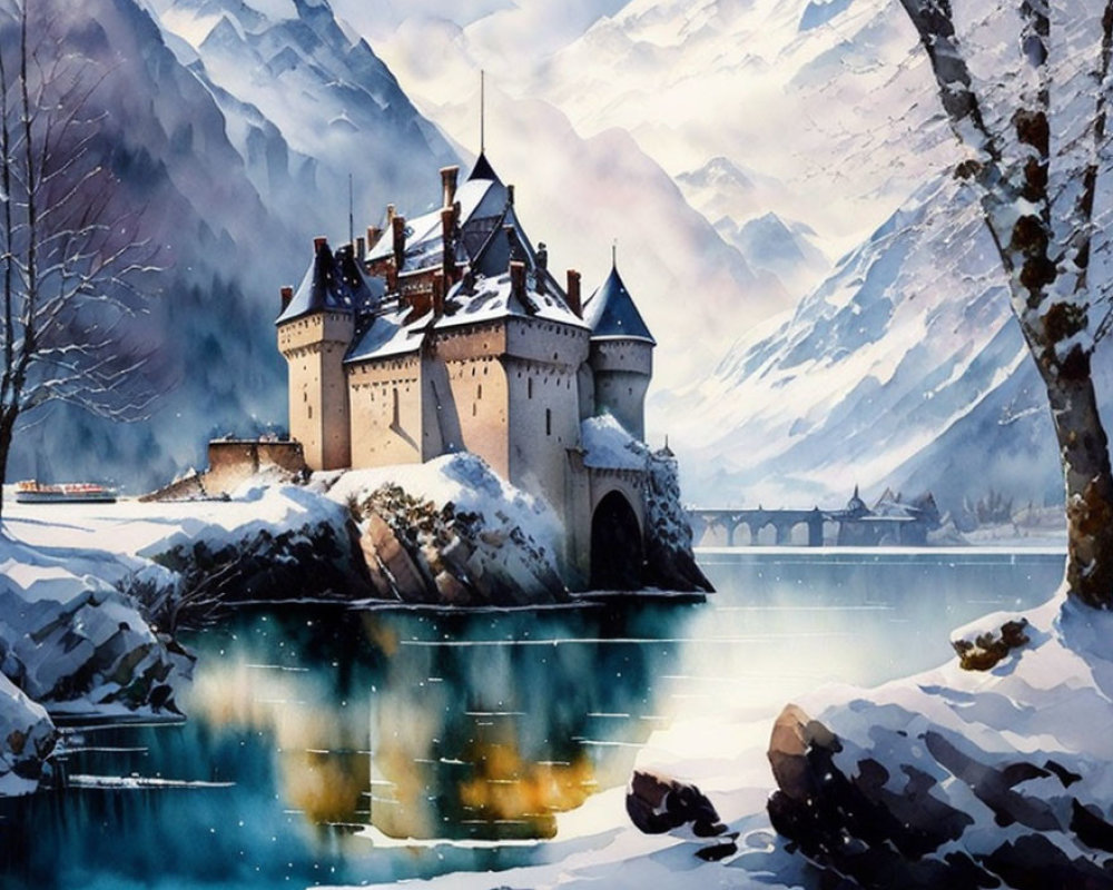 Medieval castle on snowy lake island with mountain backdrop
