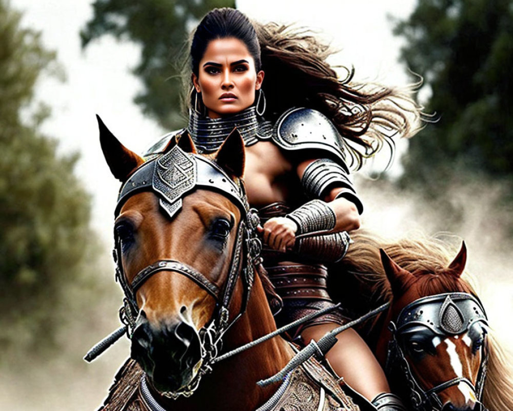 Armored warrior woman on horseback in intense pose against blurred background