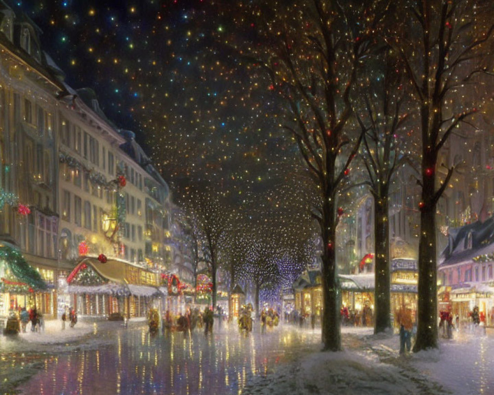 Snowy Christmas Street Scene with Illuminated Buildings and Trees