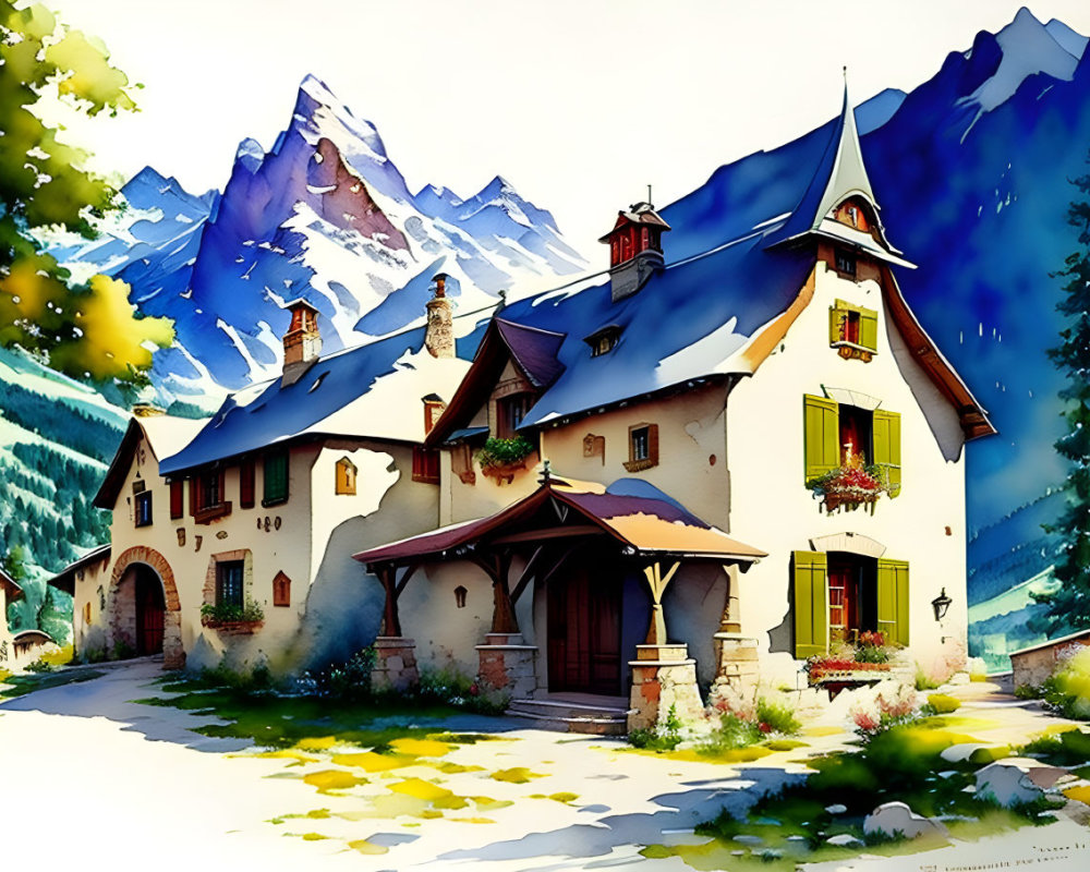 European-style house with colorful flowers, snow-capped mountains, and blue sky