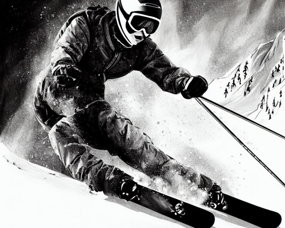 Monochrome skier illustration carving snow amid mountains