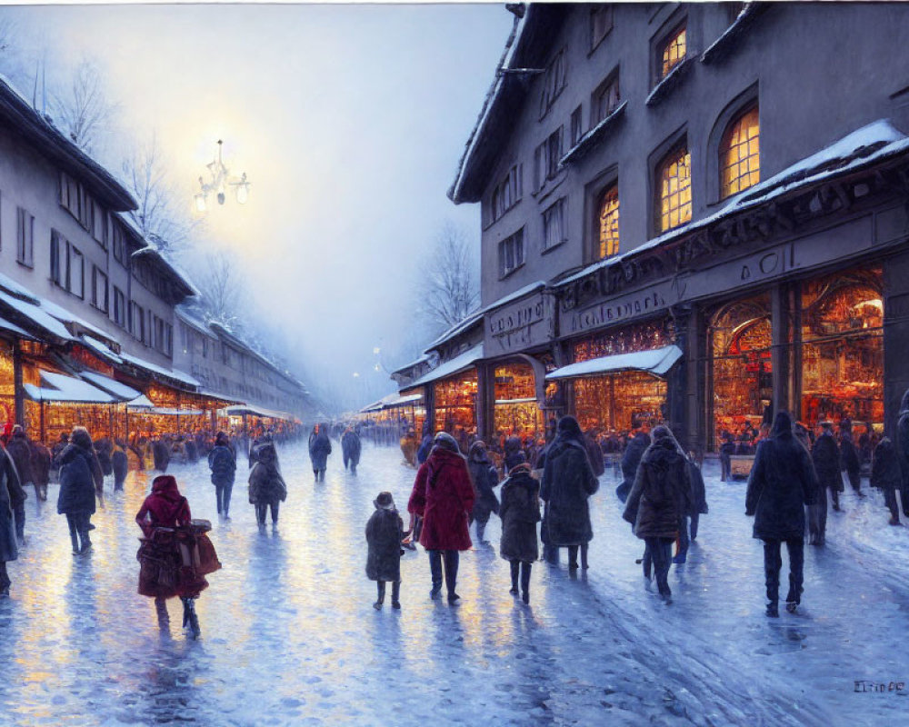 Snow-covered street at night with illuminated shops and people walking under a hazy sun.