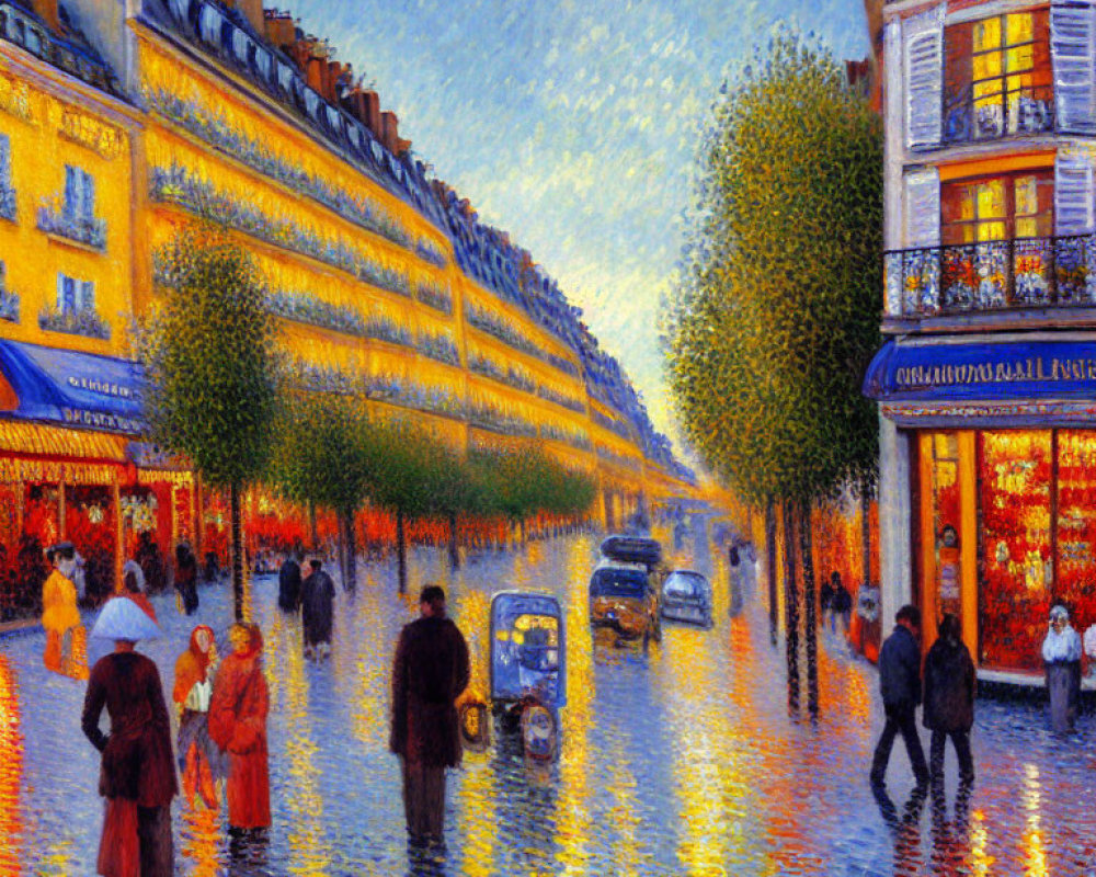 Vibrant impressionist city street scene at dusk
