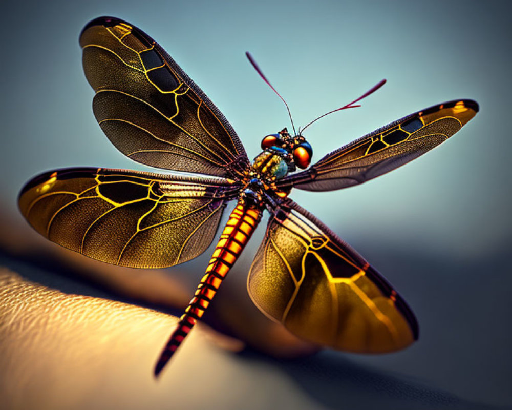 Detailed close-up of dragonfly with translucent wings and yellow-black patterns poised for takeoff.