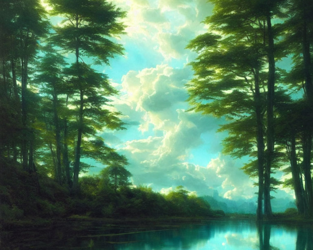 Tranquil landscape: towering trees, blue lake, billowing clouds