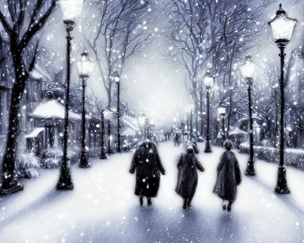 Snowy path with three people walking under lamp light