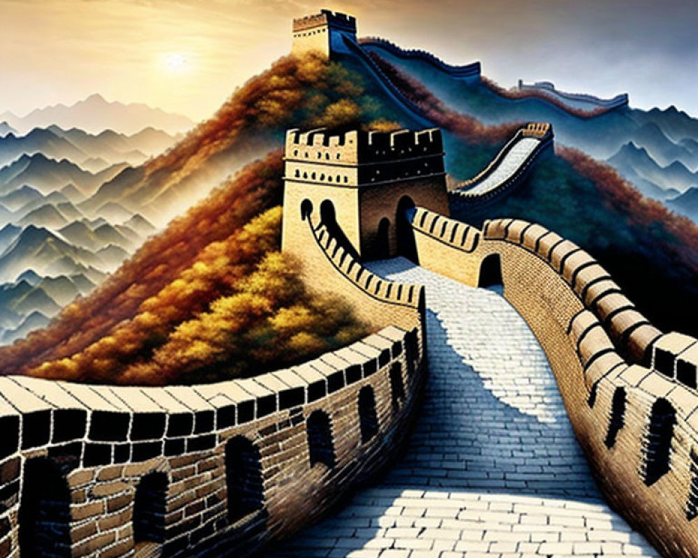 Scenic sunset view of Great Wall in autumn mountains