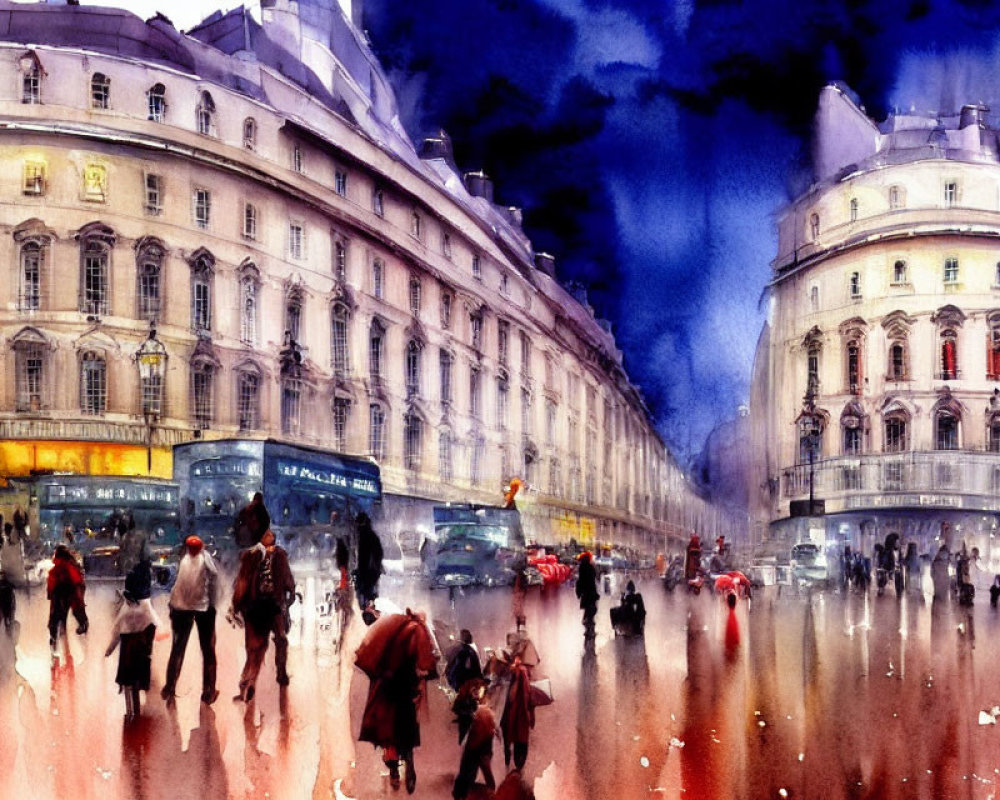 Vibrant watercolor painting of bustling city street at dusk