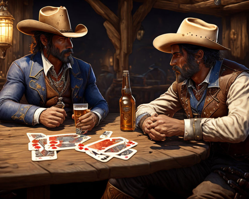 Cowboys playing cards in a saloon with bottle and glass, Western-themed setting