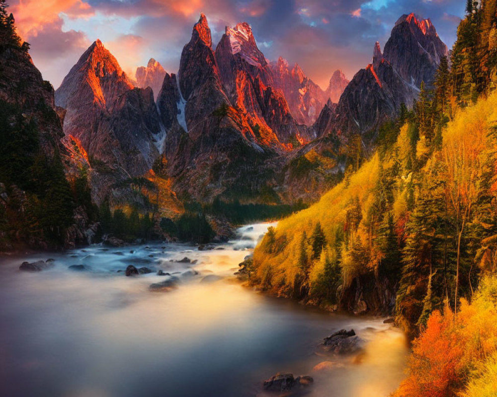 Tranquil River in Autumn Forest with Mountain Peaks at Sunset