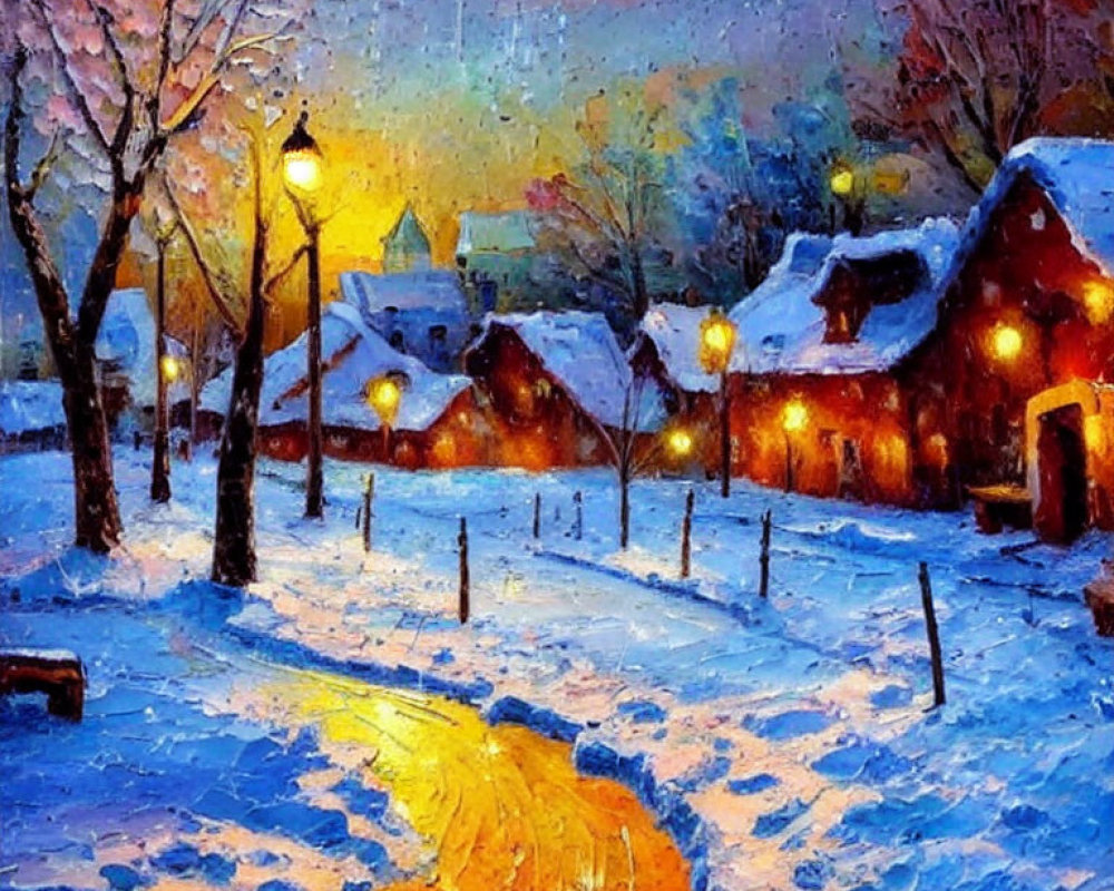 Snowy village at dusk: Vibrant oil painting of warm light on snow-covered paths