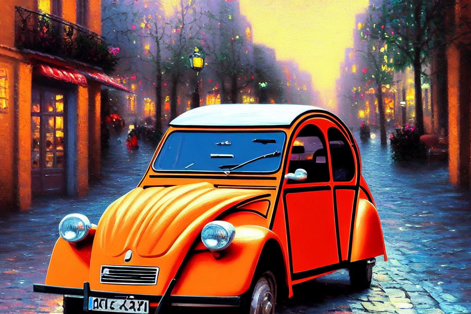 Colorful illustration: Orange car on cobblestone street with illuminated trees.