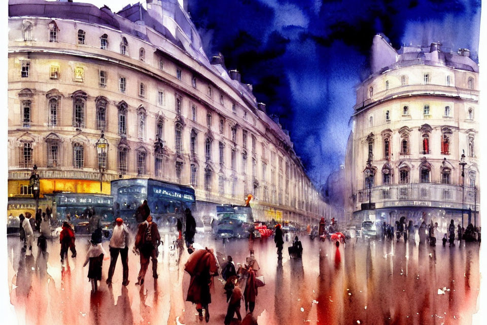 Vibrant watercolor painting of bustling city street at dusk