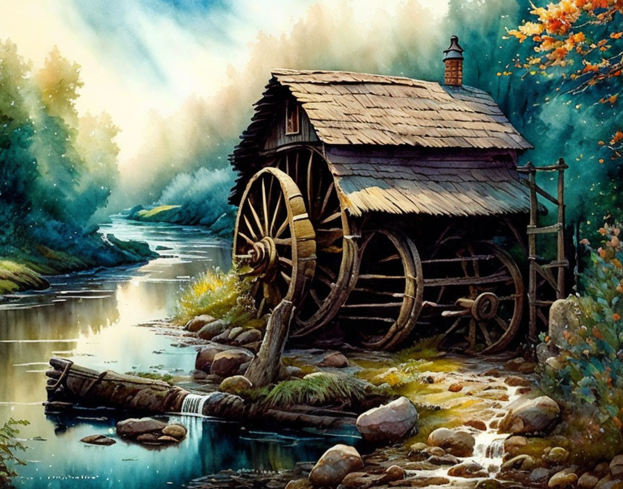Tranquil watermill scene in watercolor art