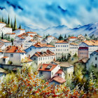Colorful Watercolor Painting of Quaint Village with White Houses and Red Roofs