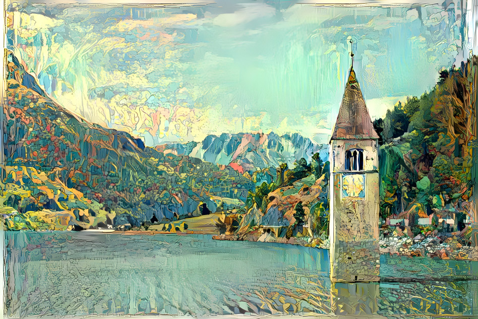 Church steeple of Curon in the Resia Lake