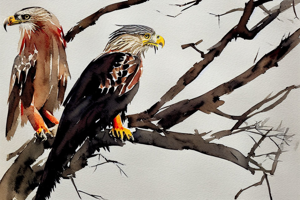 Detailed Watercolor Painting of Eagles on Bare Branches