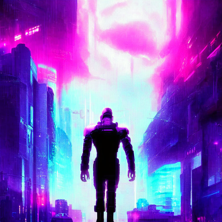 Futuristic figure in armor against neon cityscape under swirling sky