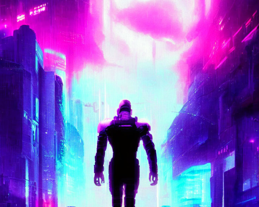 Futuristic figure in armor against neon cityscape under swirling sky