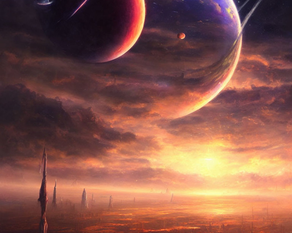 Futuristic cityscape with large planets and falling meteor