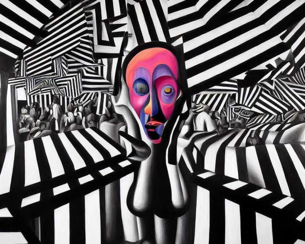 Monochrome Striped Scene with Abstract Humanoid Face
