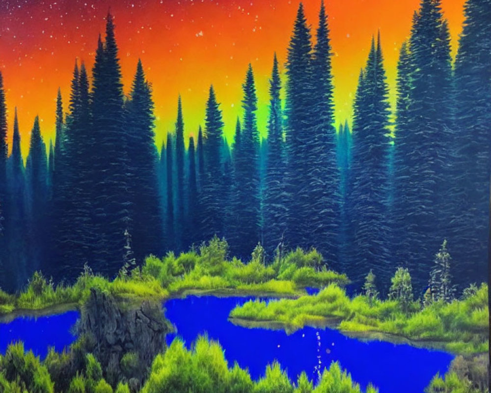 Night-time forest scene with fiery sky and serene pond