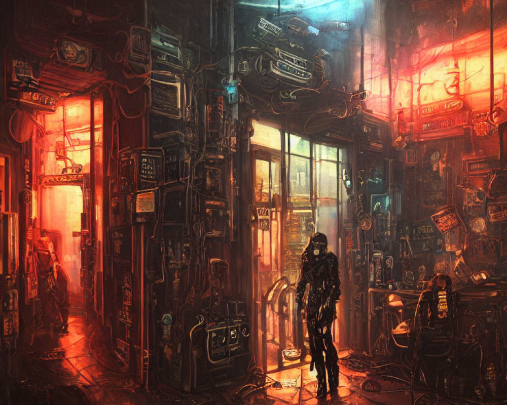 Figure in futuristic cyberpunk interior with neon signs, cables, screens, and lights