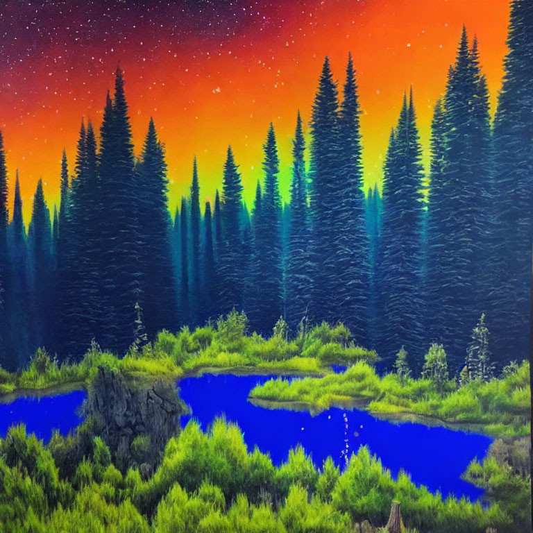 Night-time forest scene with fiery sky and serene pond
