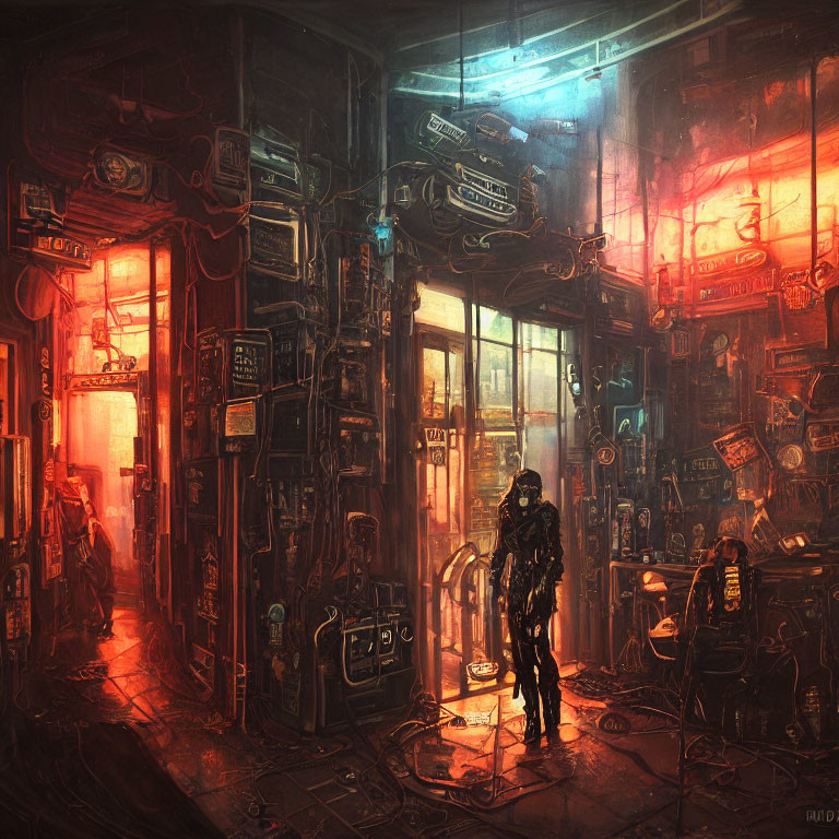 Figure in futuristic cyberpunk interior with neon signs, cables, screens, and lights