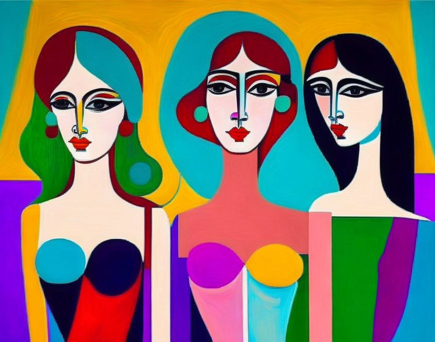 Vibrant abstract painting with stylized women and geometric features