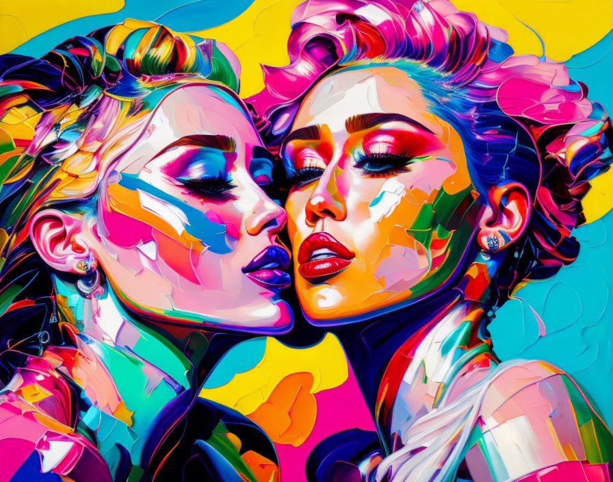 Colorful digital artwork: Two women with abstract makeup and floral hair on blue background